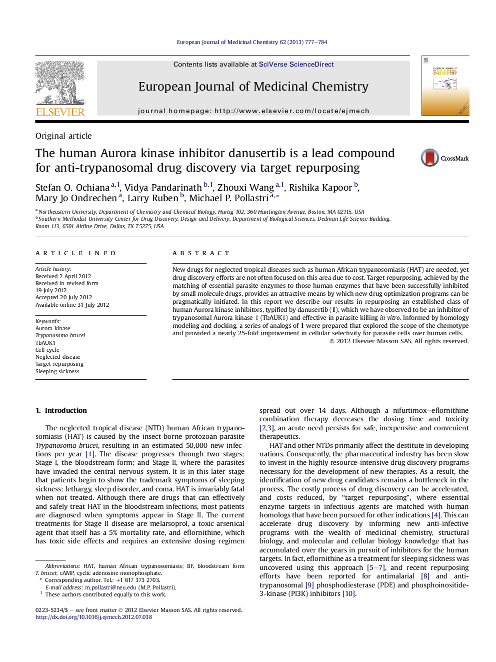 The human Aurora kinase inhibitor danusertib is a lead compound for anti-trypanosomal drug discovery via target repurposing