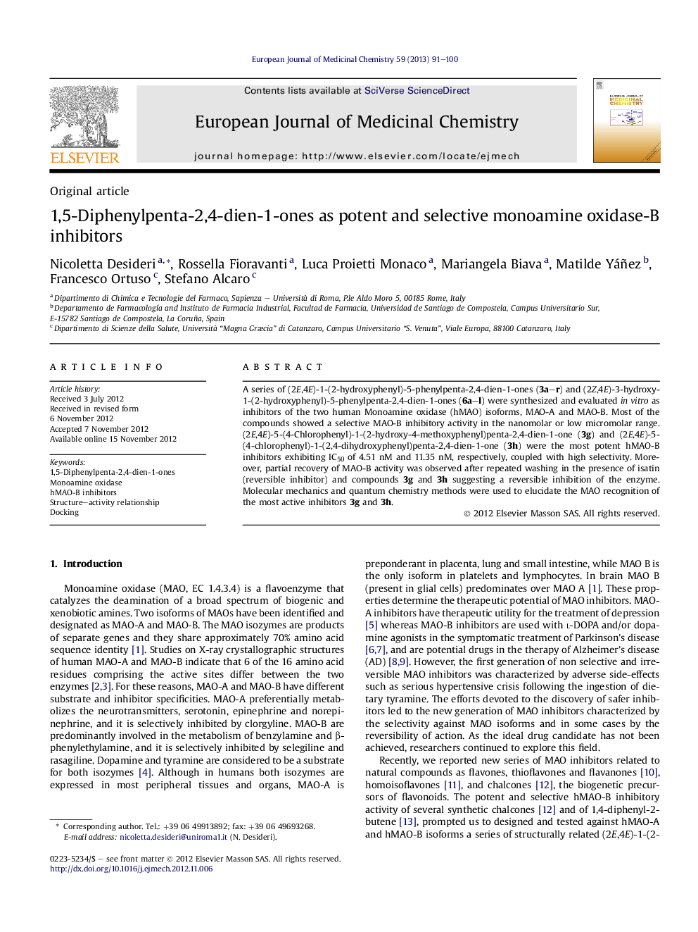 1,5-Diphenylpenta-2,4-dien-1-ones as potent and selective monoamine oxidase-B inhibitors