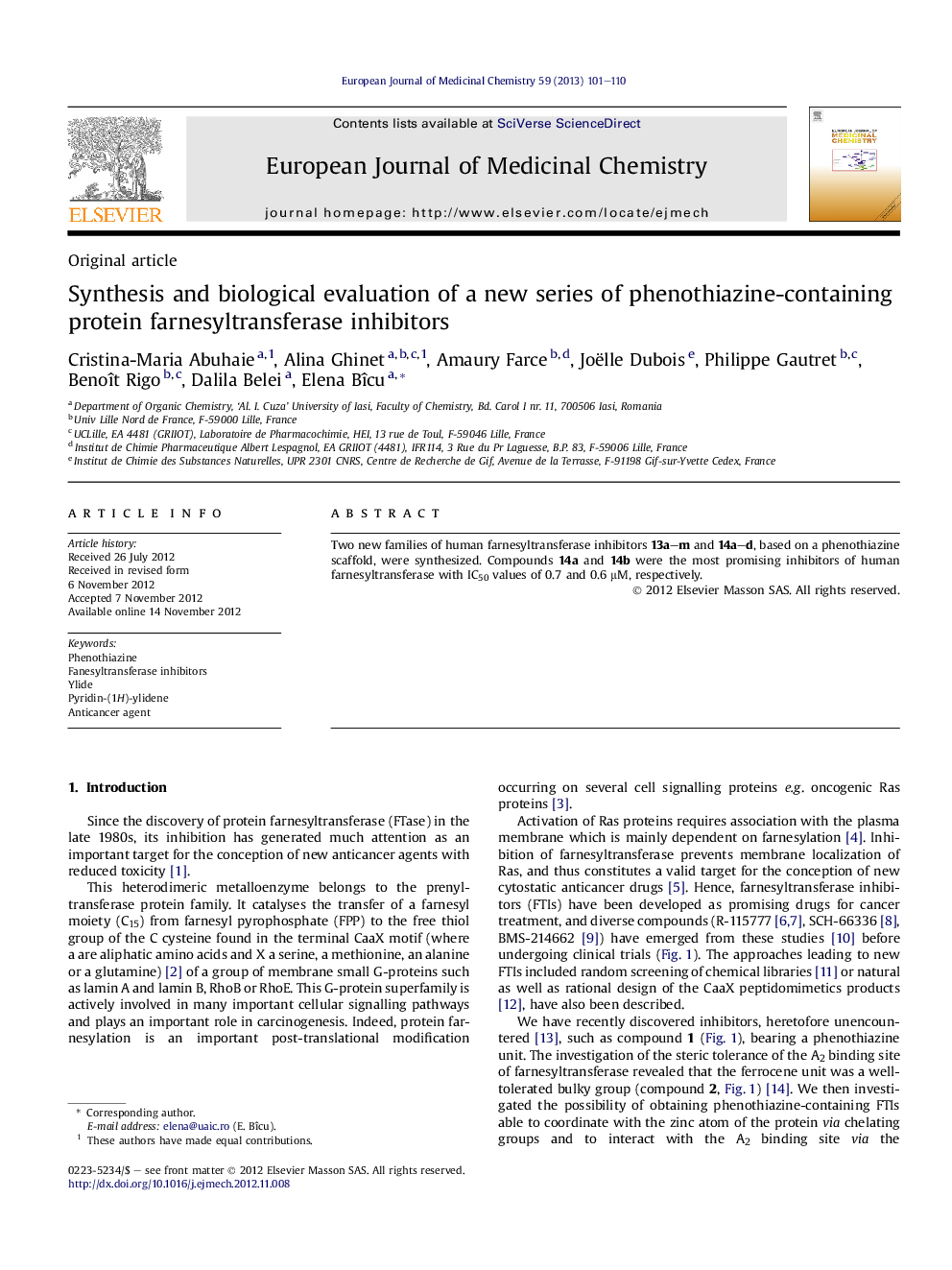 Synthesis and biological evaluation of a new series of phenothiazine-containing protein farnesyltransferase inhibitors