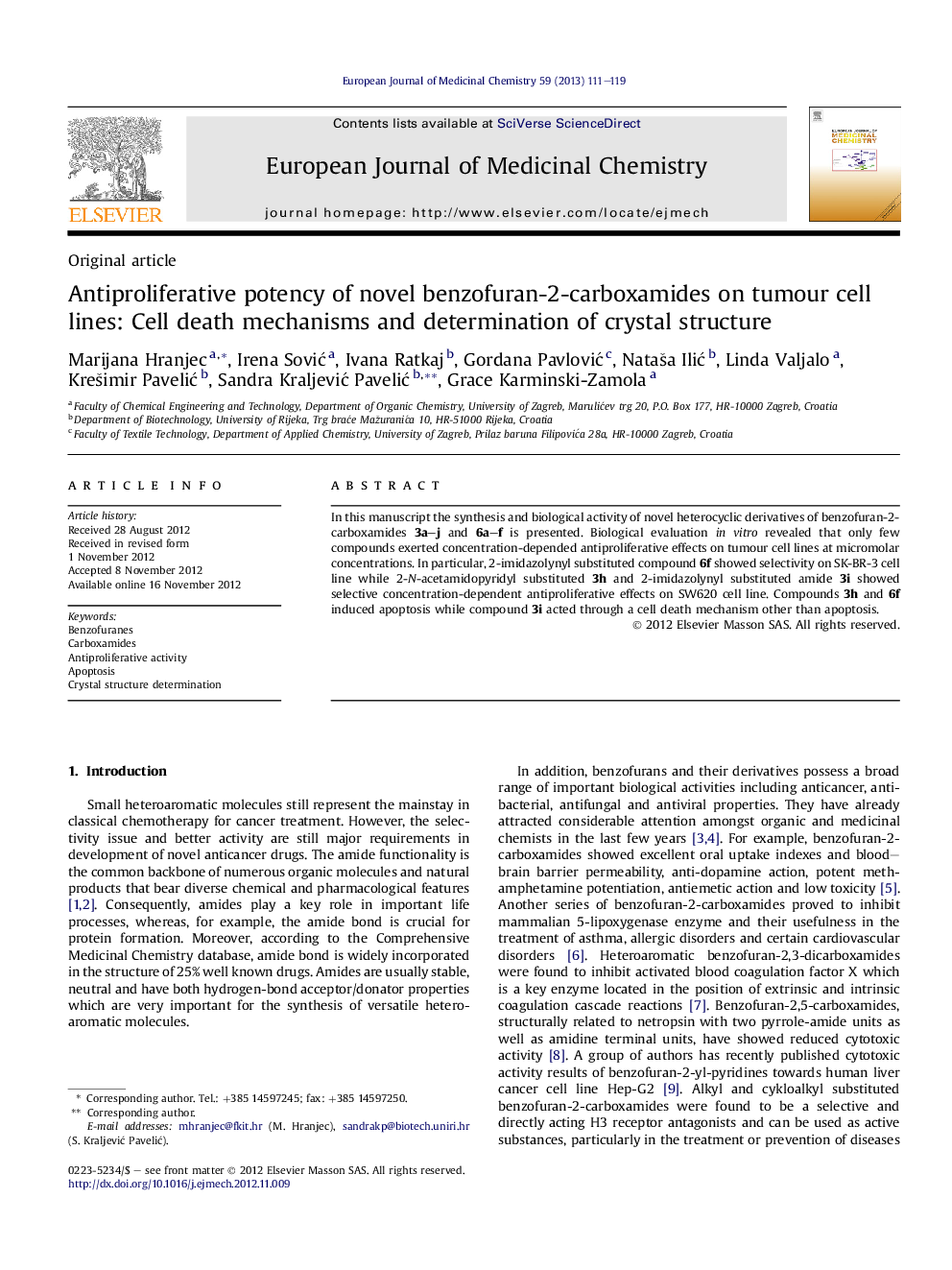 Antiproliferative potency of novel benzofuran-2-carboxamides on tumour cell lines: Cell death mechanisms and determination of crystal structure