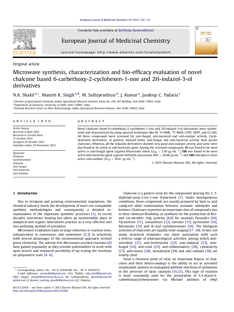 Microwave synthesis, characterization and bio-efficacy evaluation of novel chalcone based 6-carbethoxy-2-cyclohexen-1-one and 2H-indazol-3-ol derivatives