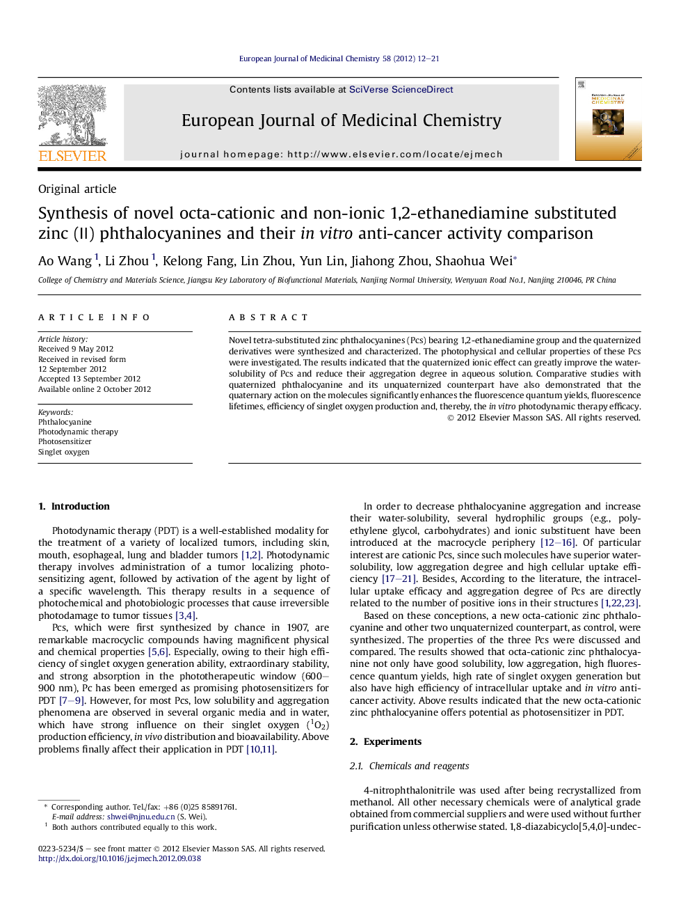 Synthesis of novel octa-cationic and non-ionic 1,2-ethanediamine substituted zinc (Ⅱ) phthalocyanines and their in vitro anti-cancer activity comparison