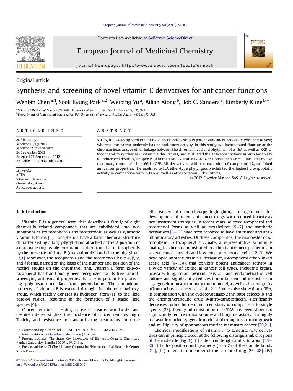 Synthesis and screening of novel vitamin E derivatives for anticancer functions