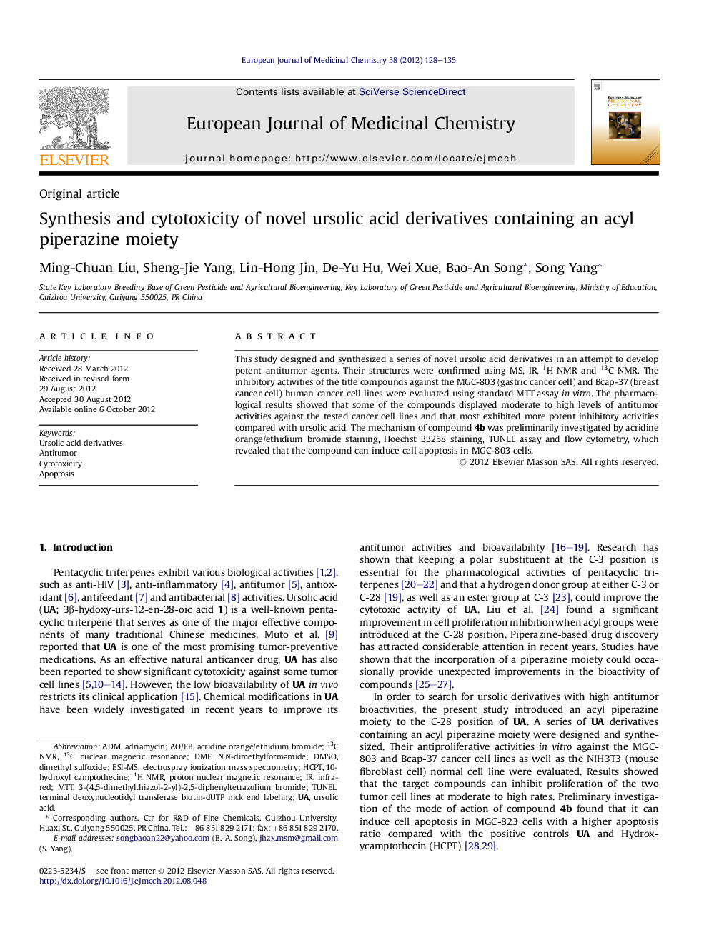 Synthesis and cytotoxicity of novel ursolic acid derivatives containing an acyl piperazine moiety