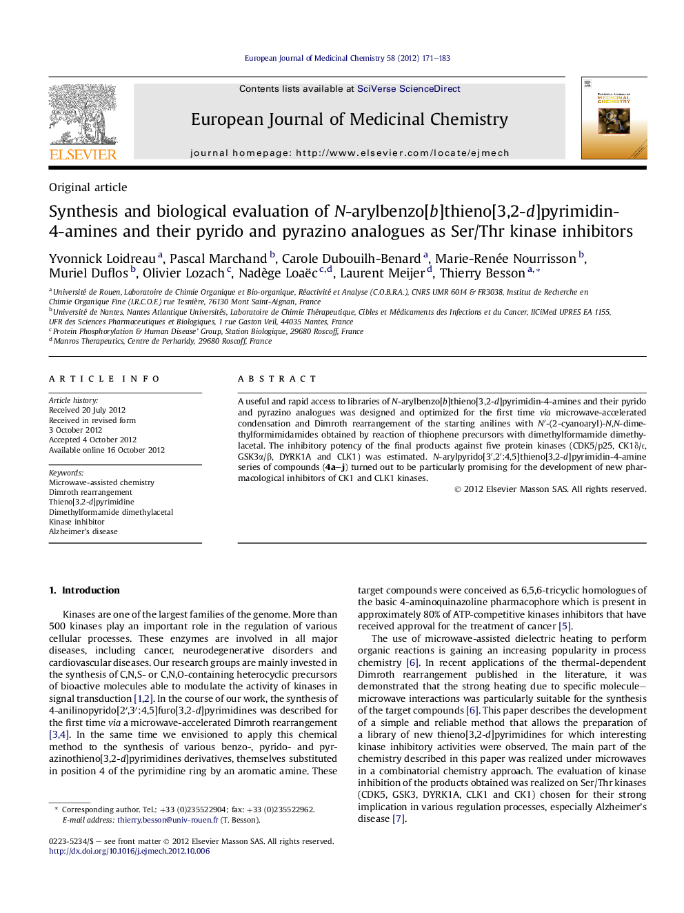 Synthesis and biological evaluation of N-arylbenzo[b]thieno[3,2-d]pyrimidin-4-amines and their pyrido and pyrazino analogues as Ser/Thr kinase inhibitors