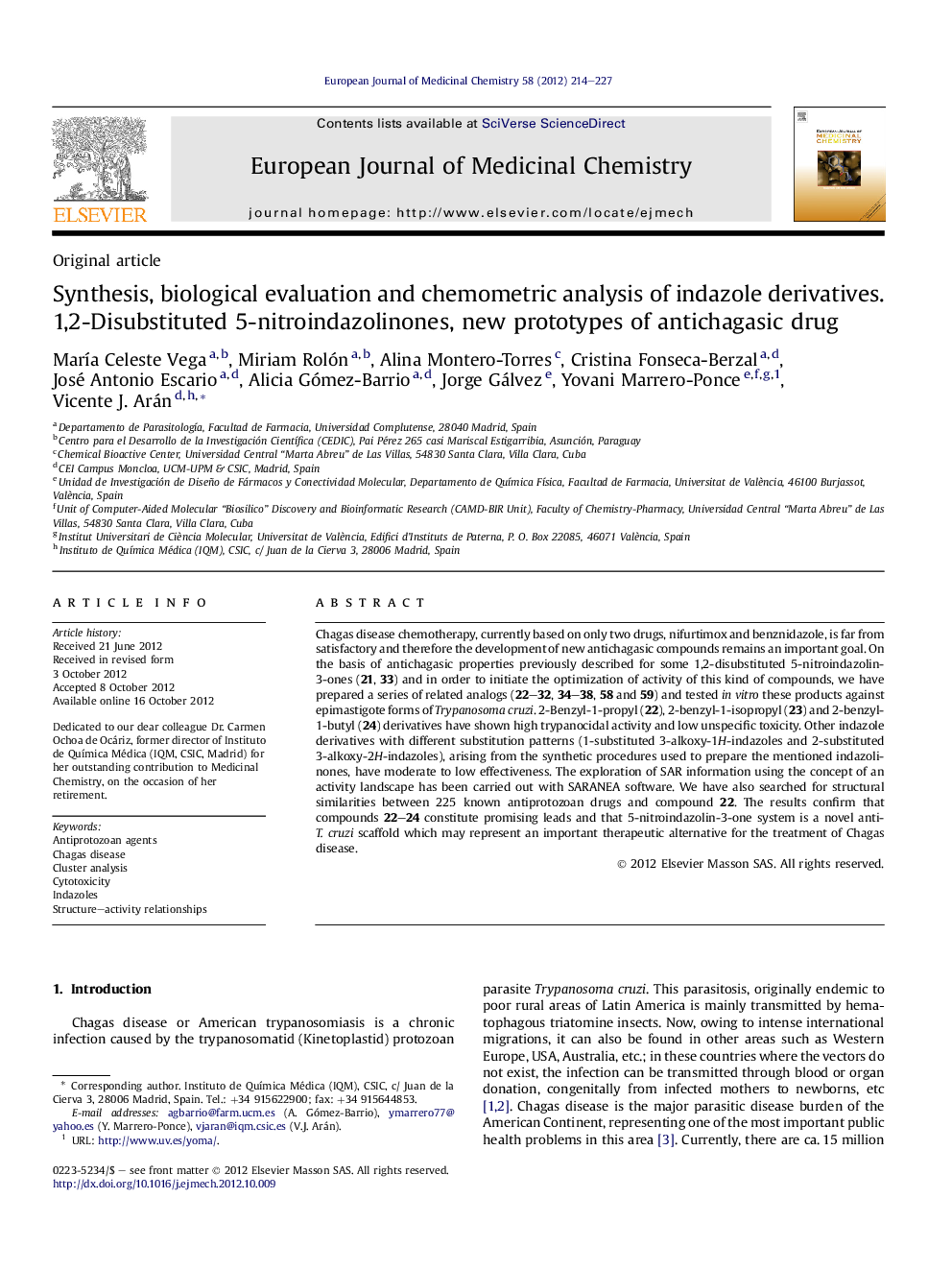 Synthesis, biological evaluation and chemometric analysis of indazole derivatives. 1,2-Disubstituted 5-nitroindazolinones, new prototypes of antichagasic drug