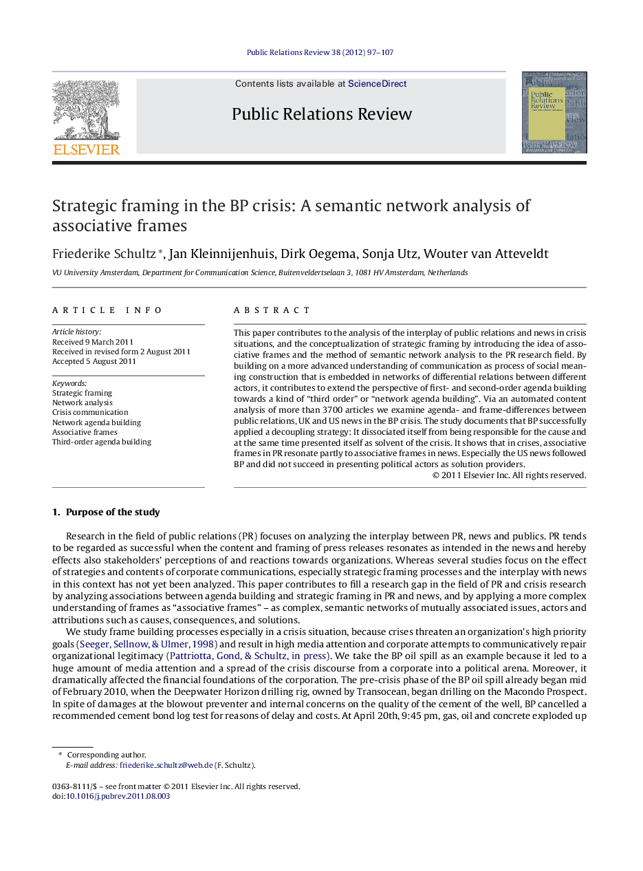 Strategic framing in the BP crisis: A semantic network analysis of associative frames