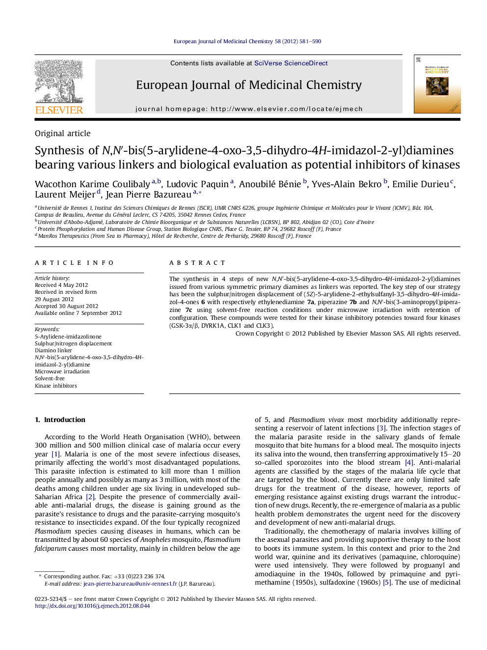 Synthesis of N,N′-bis(5-arylidene-4-oxo-3,5-dihydro-4H-imidazol-2-yl)diamines bearing various linkers and biological evaluation as potential inhibitors of kinases