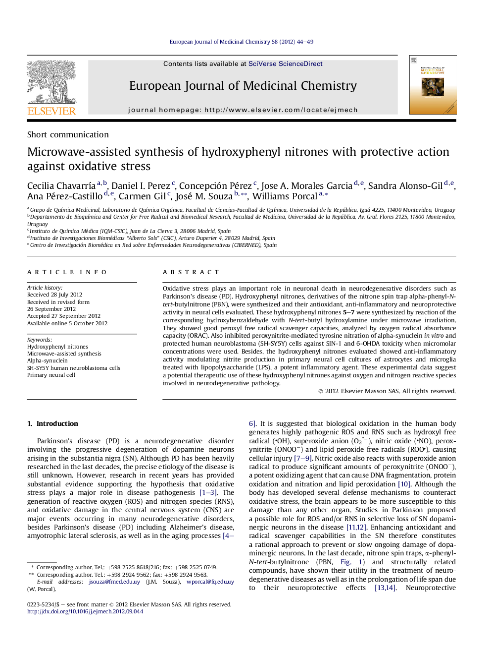 عکس صفحه اول مقاله: Microwave-assisted synthesis of hydroxyphenyl nitrones with protective action against oxidative stress Microwave-assisted synthesis of hydroxyphenyl nitrones with protective action against oxidative stress