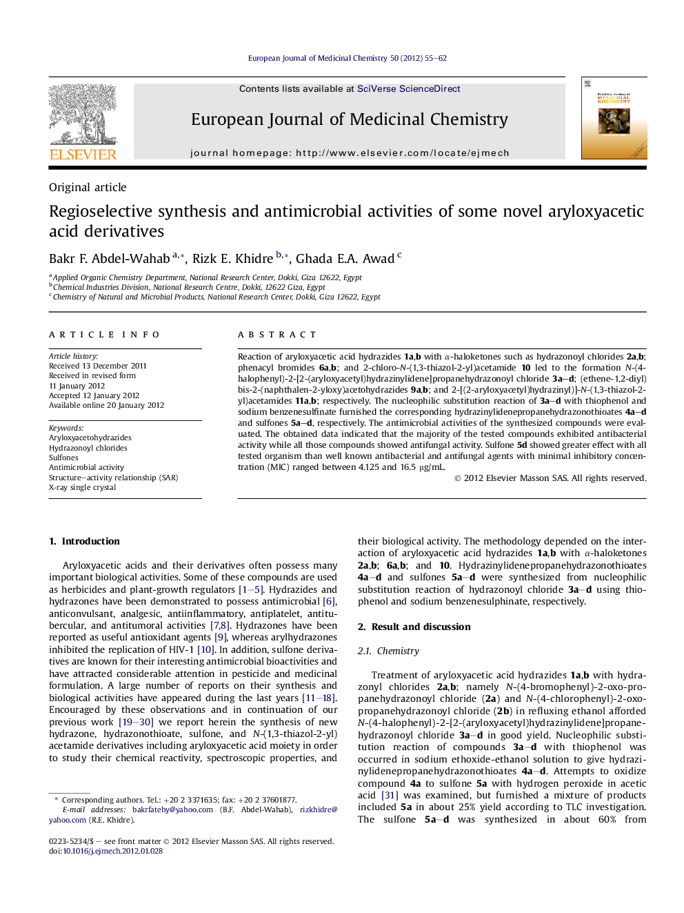 Regioselective synthesis and antimicrobial activities of some novel aryloxyacetic acid derivatives