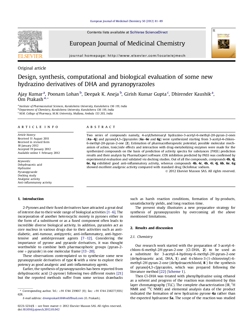 Design, synthesis, computational and biological evaluation of some new hydrazino derivatives of DHA and pyranopyrazoles