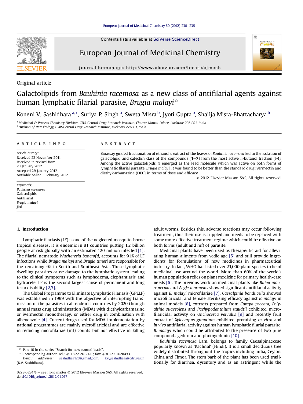 Galactolipids from Bauhinia racemosa as a new class of antifilarial agents against human lymphatic filarial parasite, Brugia malayi 