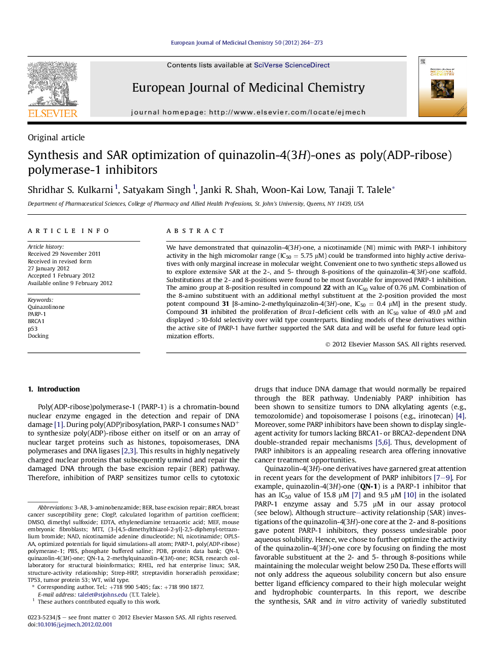 Synthesis and SAR optimization of quinazolin-4(3H)-ones as poly(ADP-ribose)polymerase-1 inhibitors