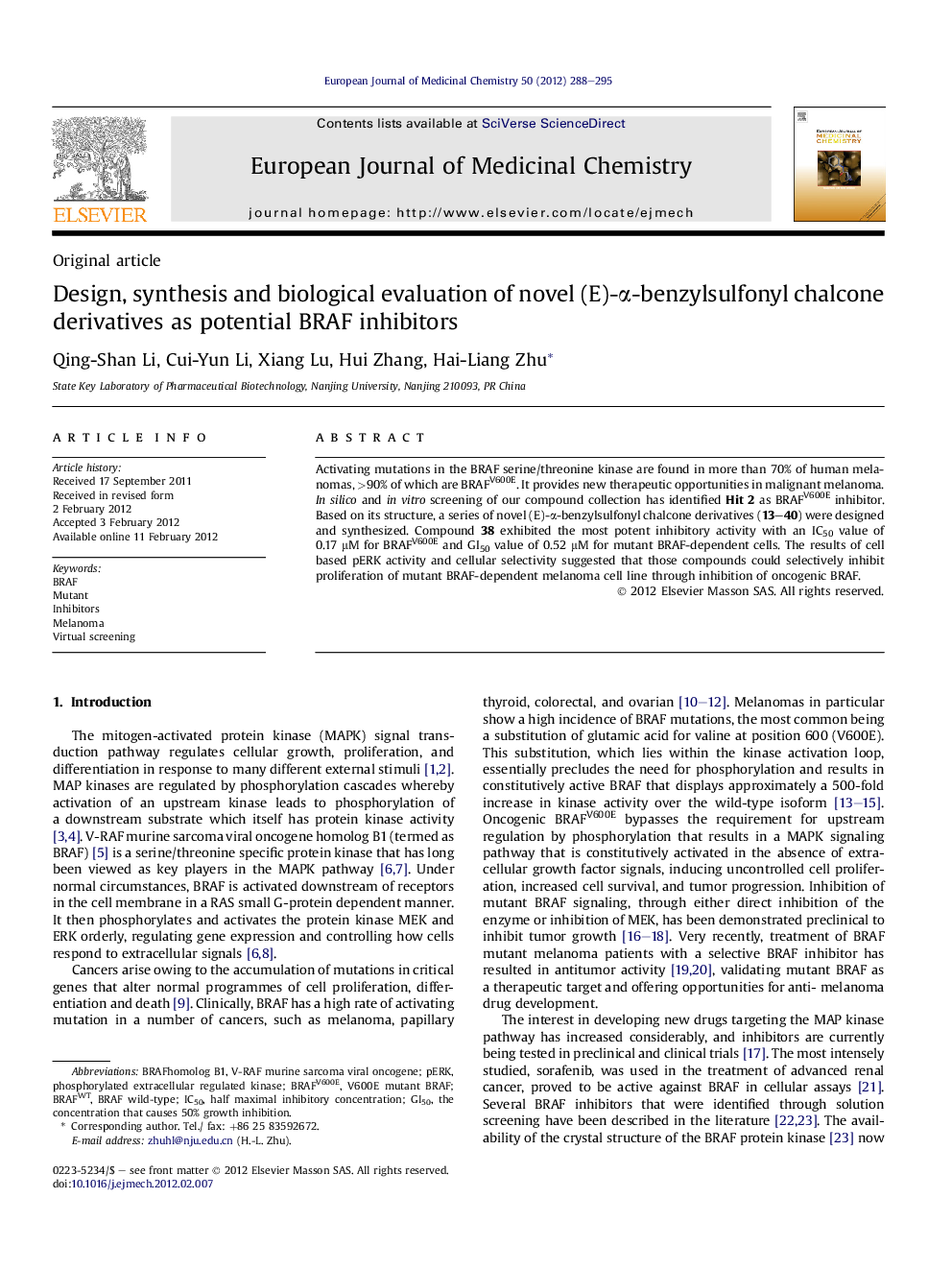 Design, synthesis and biological evaluation of novel (E)-α-benzylsulfonyl chalcone derivatives as potential BRAF inhibitors