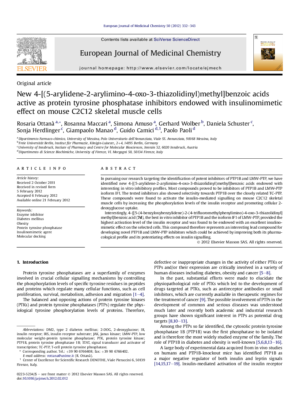 New 4-[(5-arylidene-2-arylimino-4-oxo-3-thiazolidinyl)methyl]benzoic acids active as protein tyrosine phosphatase inhibitors endowed with insulinomimetic effect on mouse C2C12 skeletal muscle cells