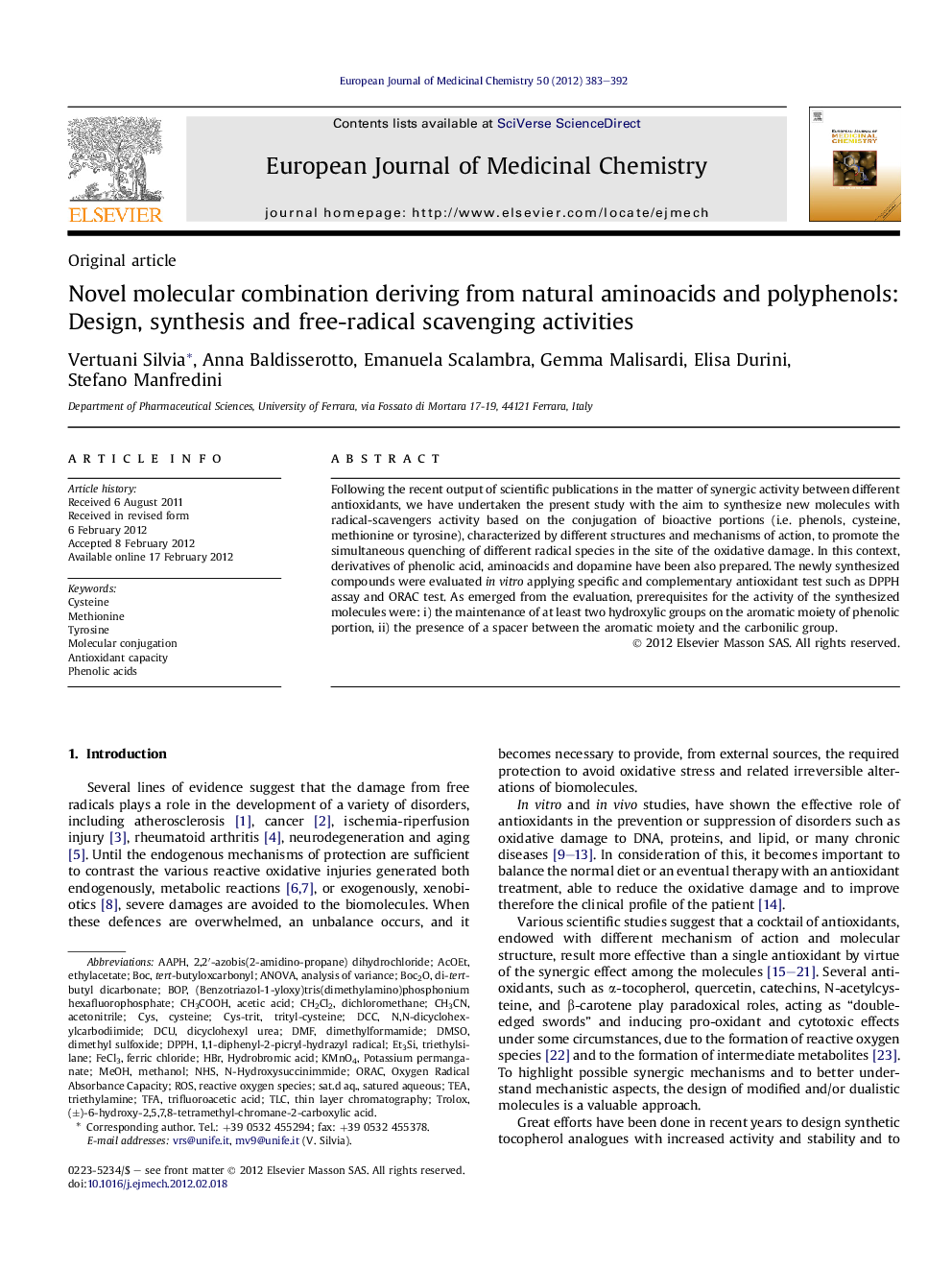 Novel molecular combination deriving from natural aminoacids and polyphenols: Design, synthesis and free-radical scavenging activities