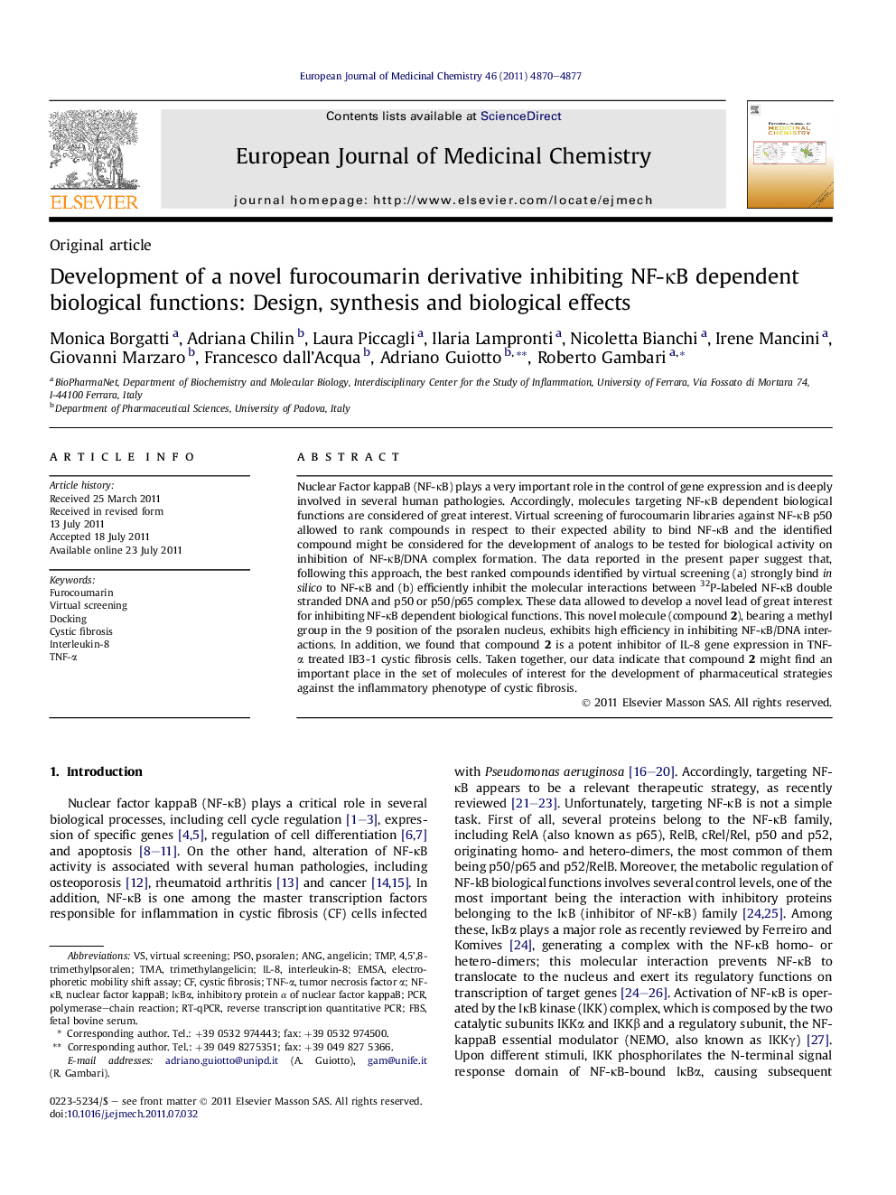 Development of a novel furocoumarin derivative inhibiting NF-κB dependent biological functions: Design, synthesis and biological effects