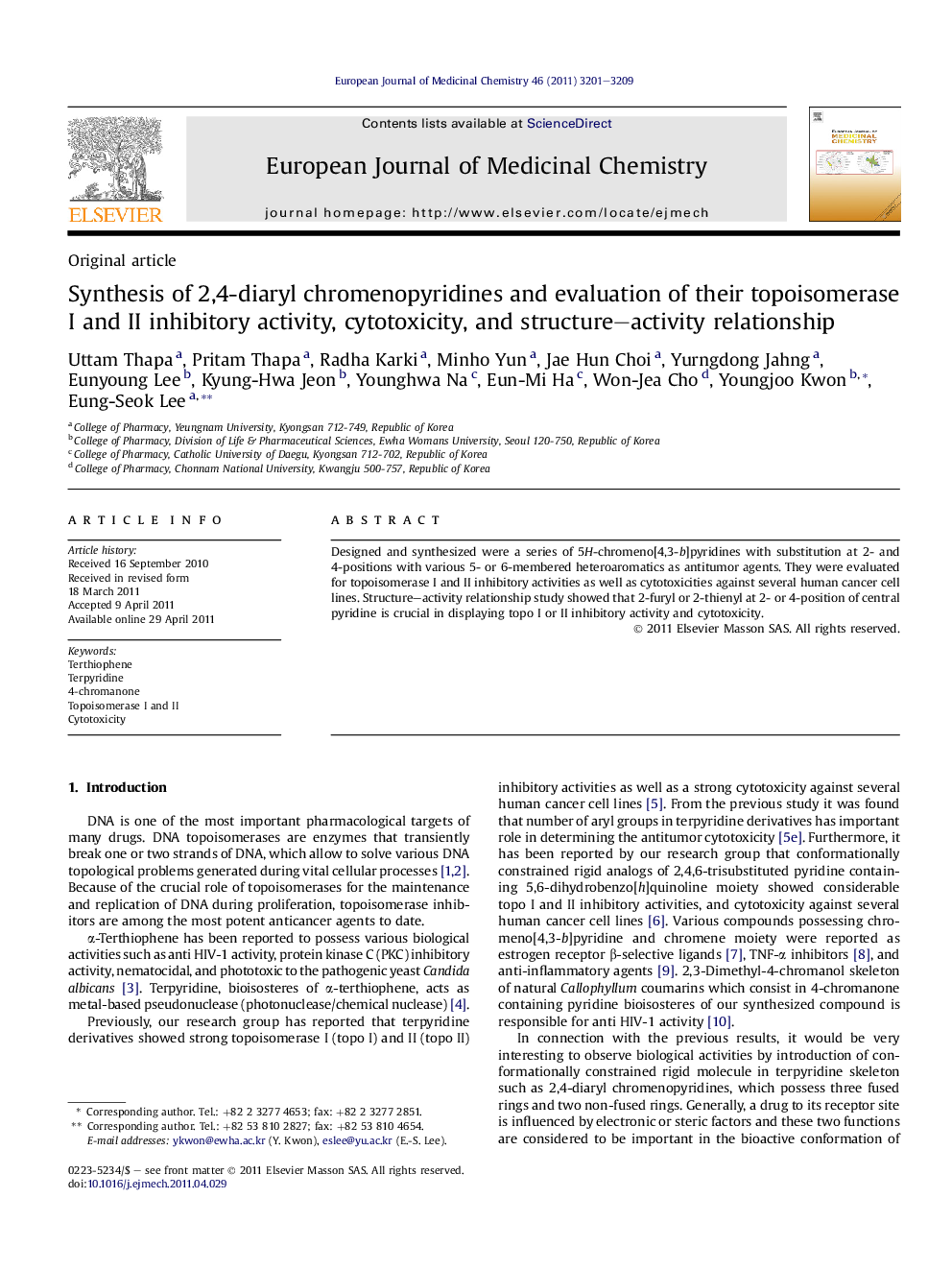 Synthesis of 2,4-diaryl chromenopyridines and evaluation of their topoisomerase I and II inhibitory activity, cytotoxicity, and structure–activity relationship