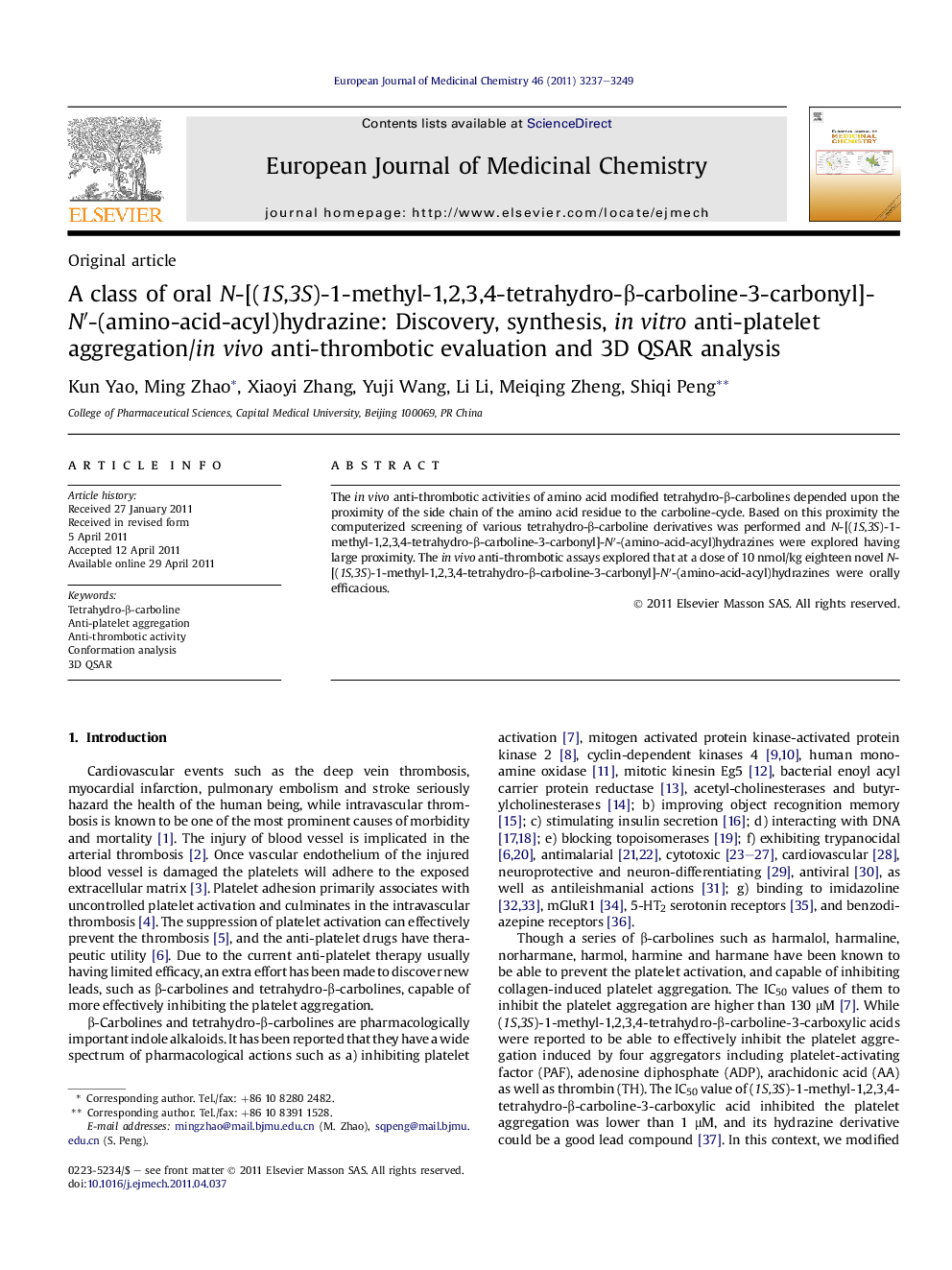 A class of oral N-[(1S,3S)-1-methyl-1,2,3,4-tetrahydro-β-carboline-3-carbonyl]- N′-(amino-acid-acyl)hydrazine: Discovery, synthesis, in vitro anti-platelet aggregation/in vivo anti-thrombotic evaluation and 3D QSAR analysis