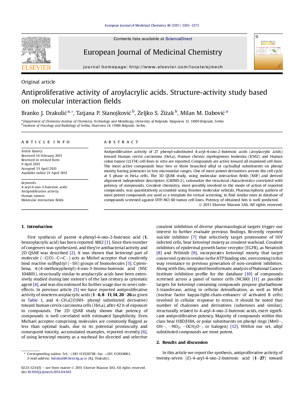 Antiproliferative activity of aroylacrylic acids. Structure-activity study based on molecular interaction fields