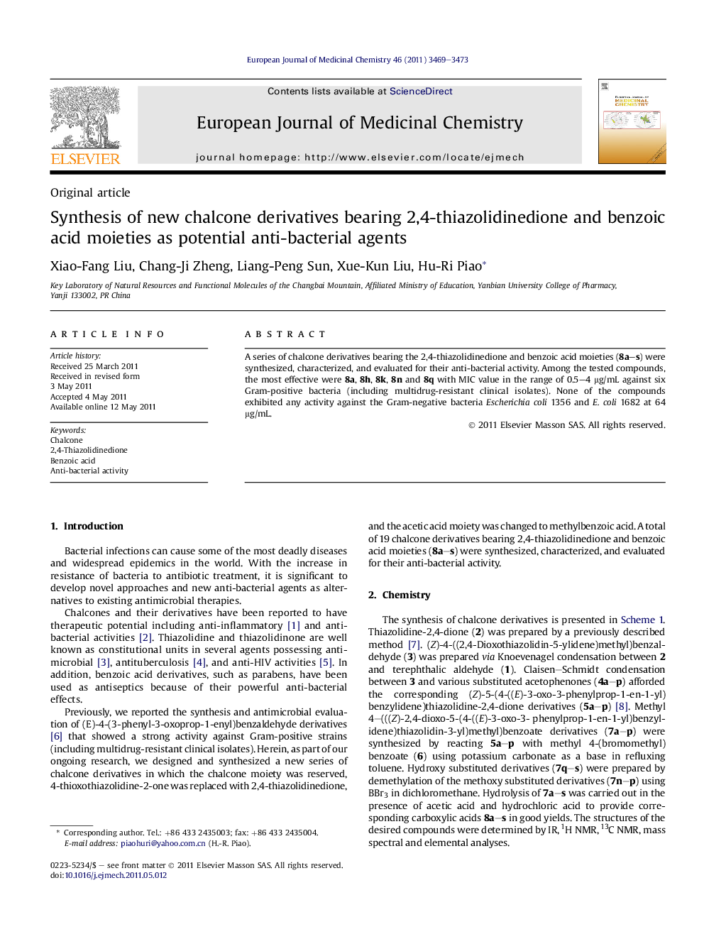 Synthesis of new chalcone derivatives bearing 2,4-thiazolidinedione and benzoic acid moieties as potential anti-bacterial agents