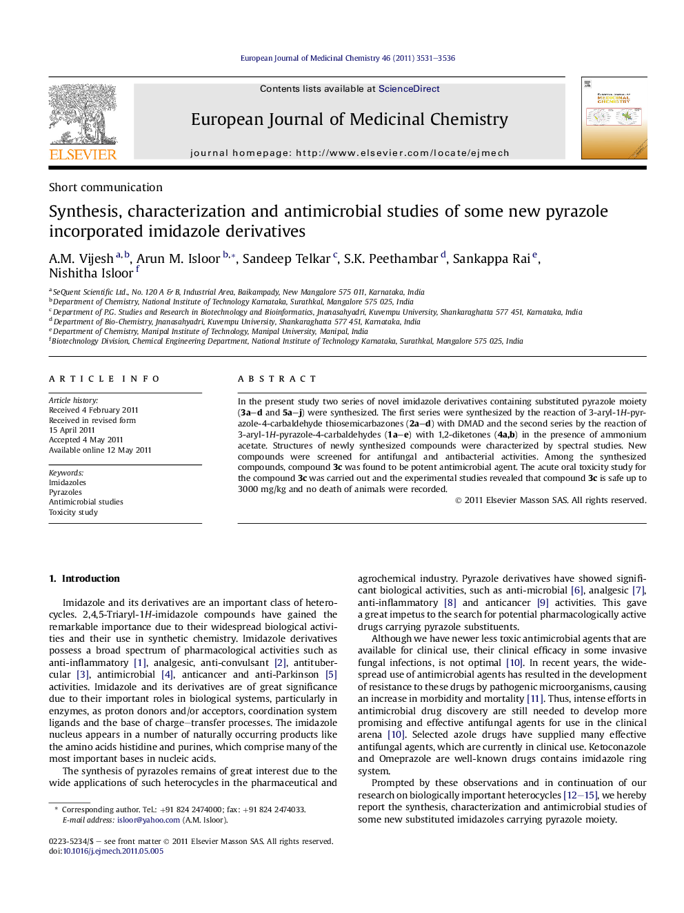 Synthesis, characterization and antimicrobial studies of some new pyrazole incorporated imidazole derivatives