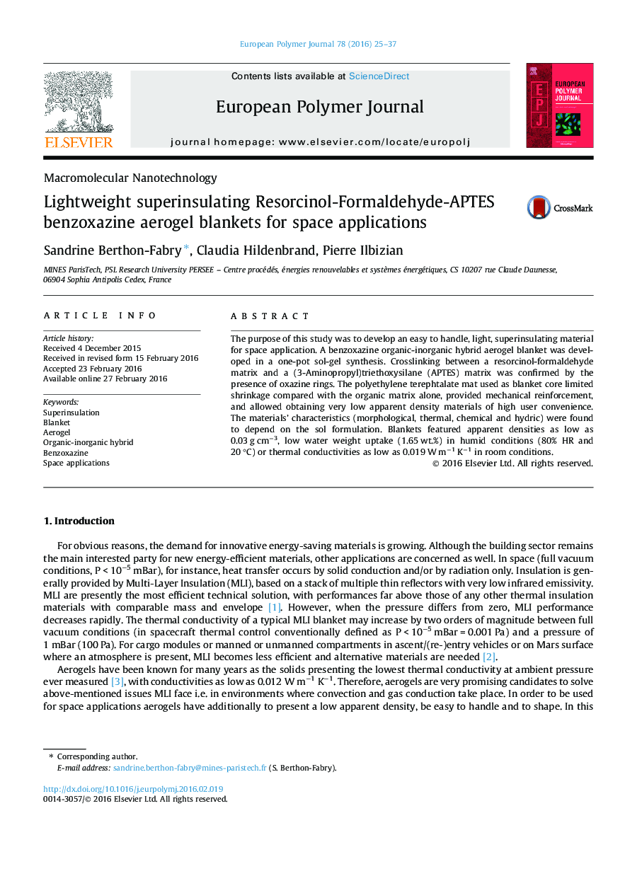 Lightweight superinsulating Resorcinol-Formaldehyde-APTES benzoxazine aerogel blankets for space applications