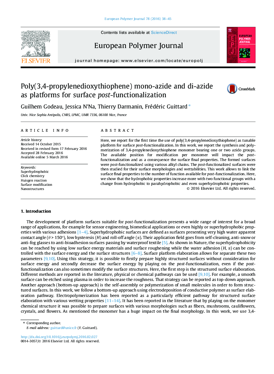 Poly(3,4-propylenedioxythiophene) mono-azide and di-azide as platforms for surface post-functionalization