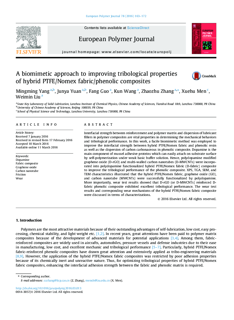 A biomimetic approach to improving tribological properties of hybrid PTFE/Nomex fabric/phenolic composites