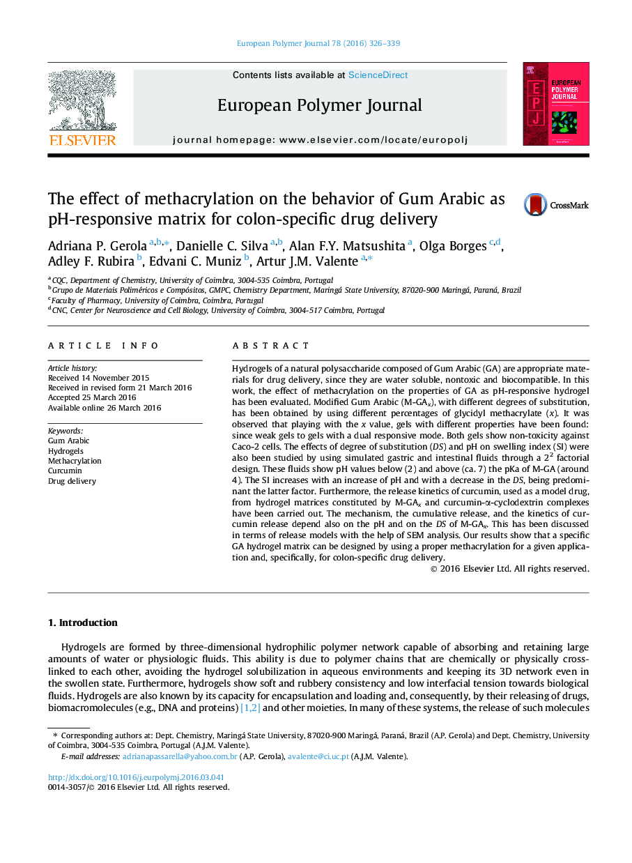 The effect of methacrylation on the behavior of Gum Arabic as pH-responsive matrix for colon-specific drug delivery