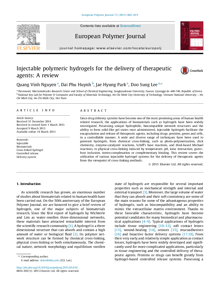 Injectable polymeric hydrogels for the delivery of therapeutic agents: A review