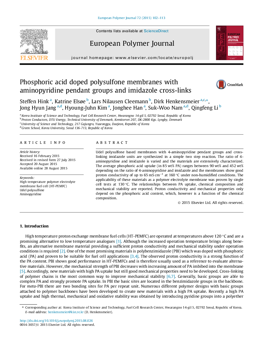 Phosphoric acid doped polysulfone membranes with aminopyridine pendant groups and imidazole cross-links