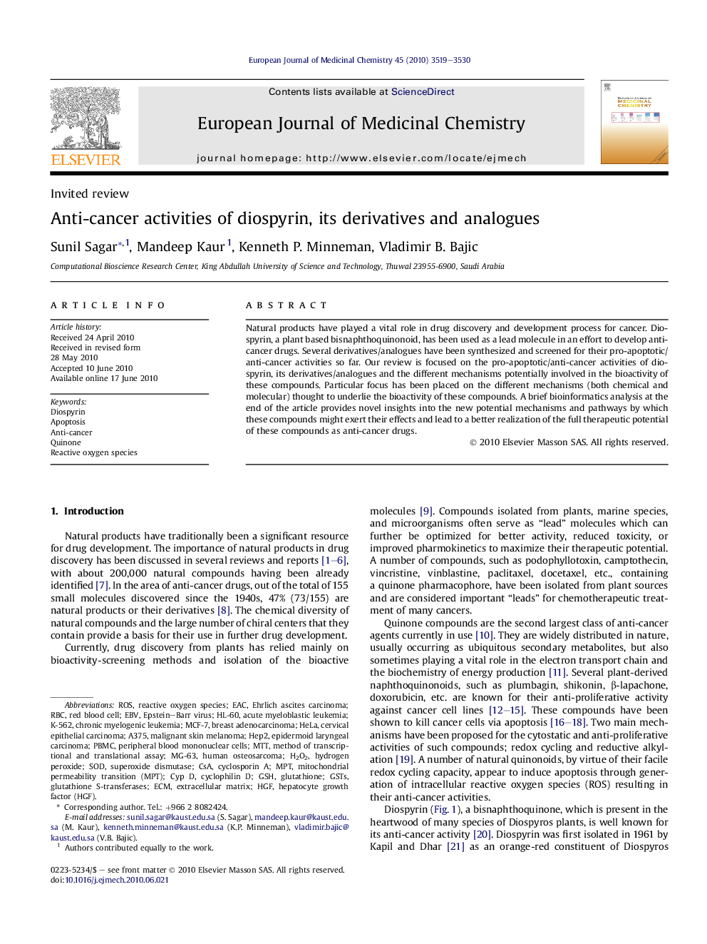 Anti-cancer activities of diospyrin, its derivatives and analogues