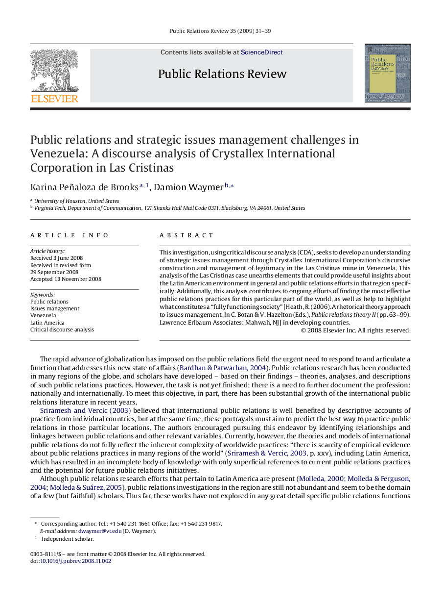 Public relations and strategic issues management challenges in Venezuela: A discourse analysis of Crystallex International Corporation in Las Cristinas