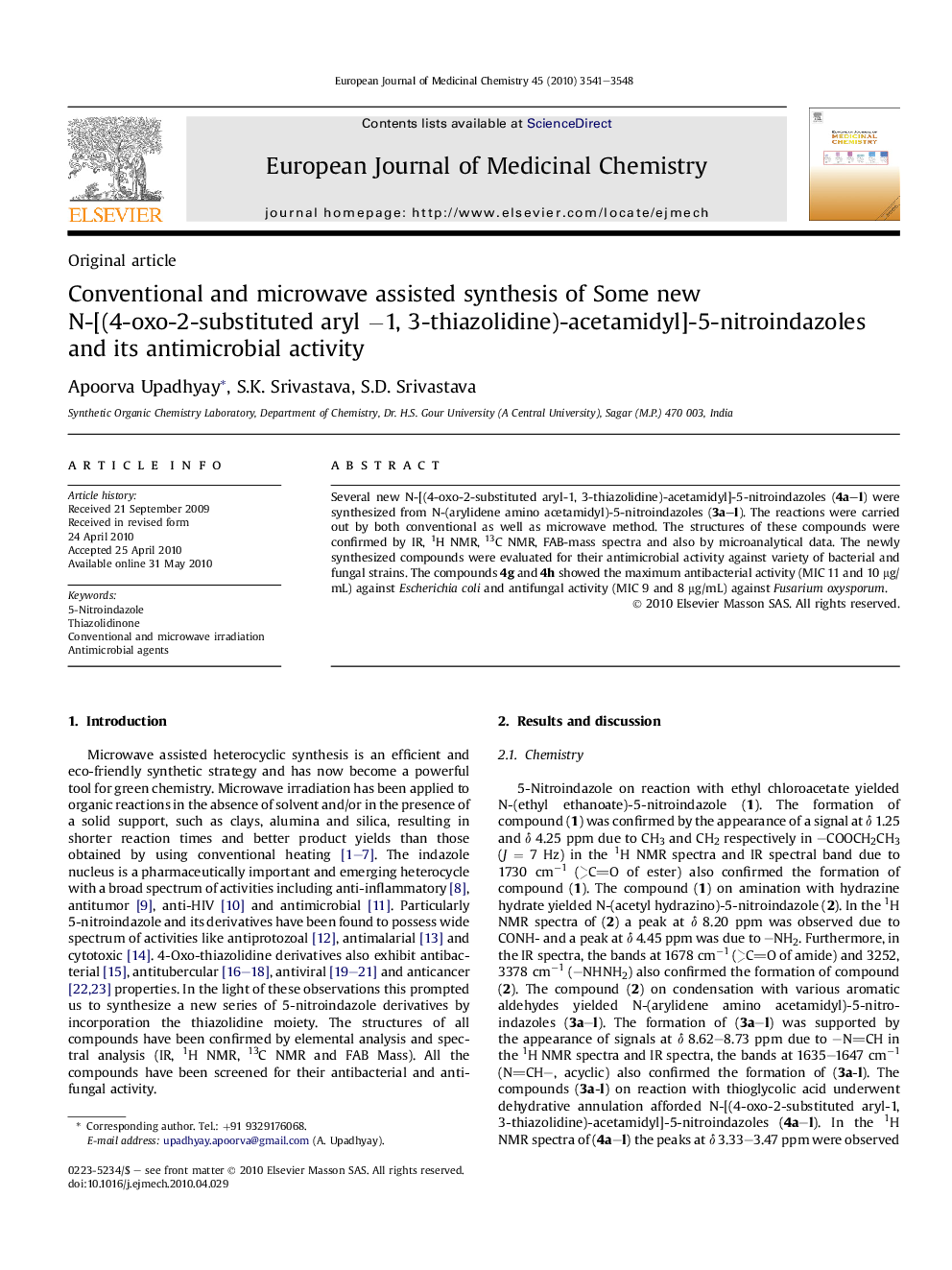 Conventional and microwave assisted synthesis of Some new N-[(4-oxo-2-substituted aryl −1, 3-thiazolidine)-acetamidyl]-5-nitroindazoles and its antimicrobial activity