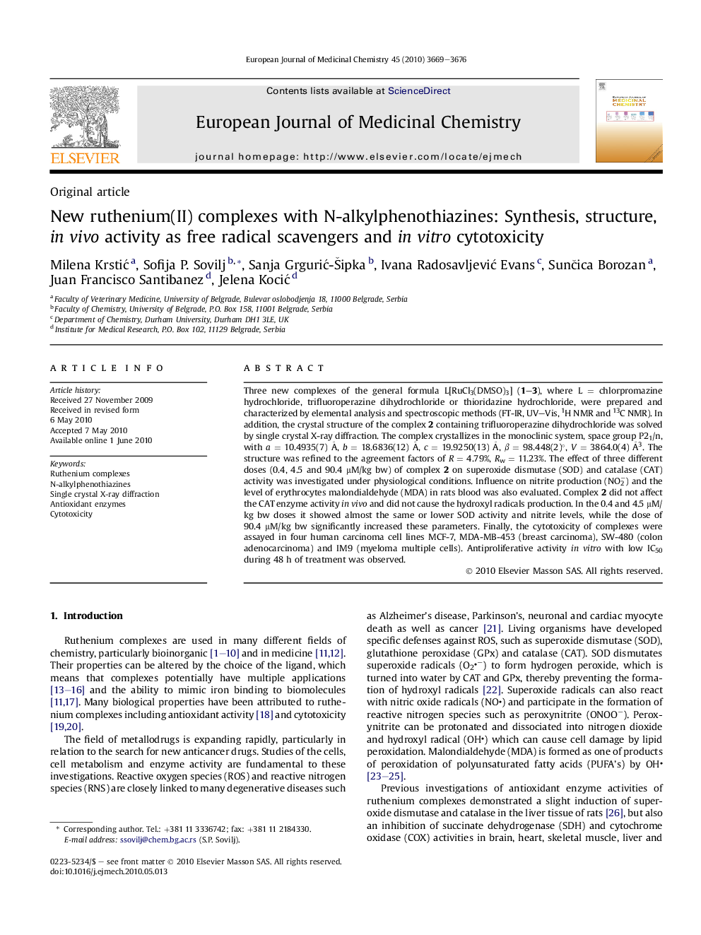 New ruthenium(II) complexes with N-alkylphenothiazines: Synthesis, structure, in vivo activity as free radical scavengers and in vitro cytotoxicity