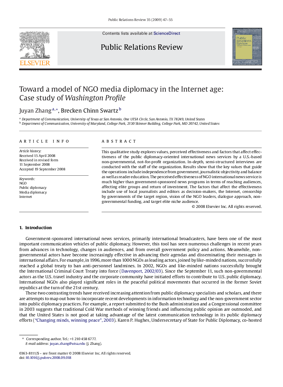 Toward a model of NGO media diplomacy in the Internet age: Case study of Washington Profile