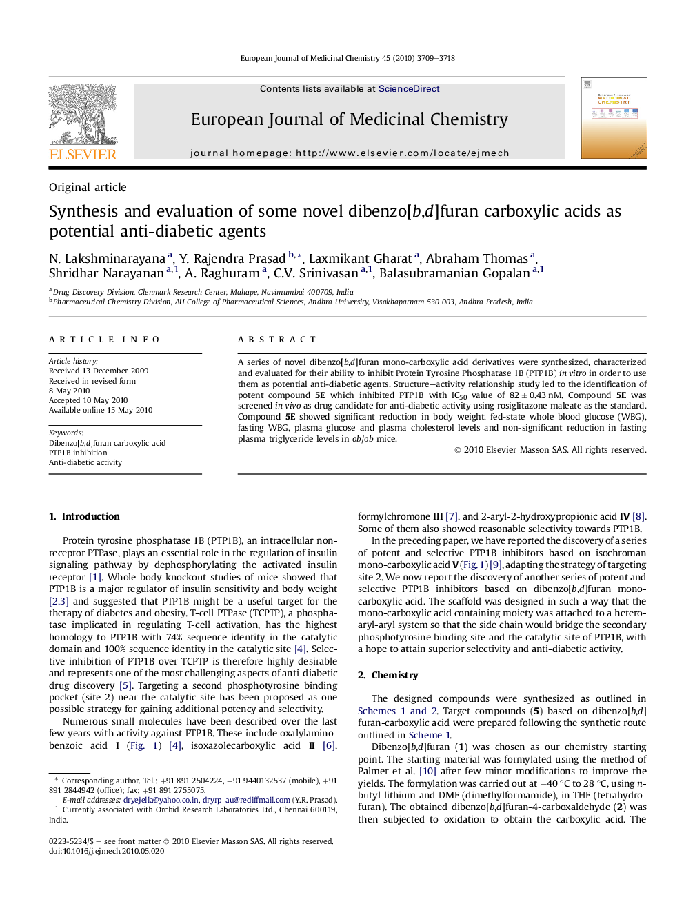 Synthesis and evaluation of some novel dibenzo[b,d]furan carboxylic acids as potential anti-diabetic agents