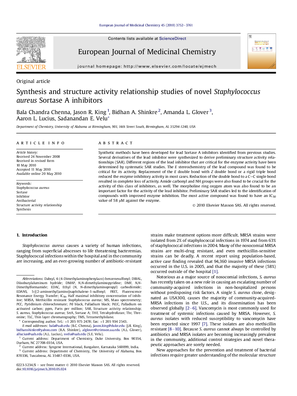 Synthesis and structure activity relationship studies of novel Staphylococcus aureus Sortase A inhibitors