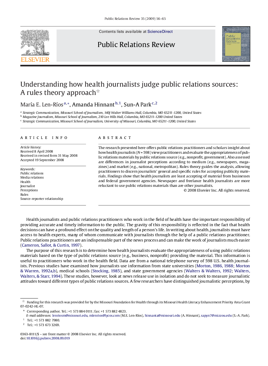 Understanding how health journalists judge public relations sources: A rules theory approach 