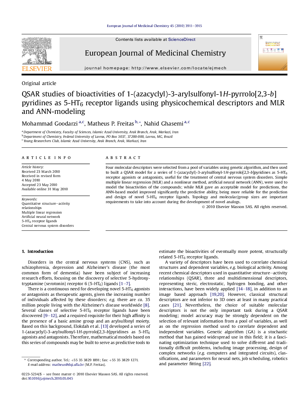 QSAR studies of bioactivities of 1-(azacyclyl)-3-arylsulfonyl-1H-pyrrolo[2,3-b]pyridines as 5-HT6 receptor ligands using physicochemical descriptors and MLR and ANN-modeling