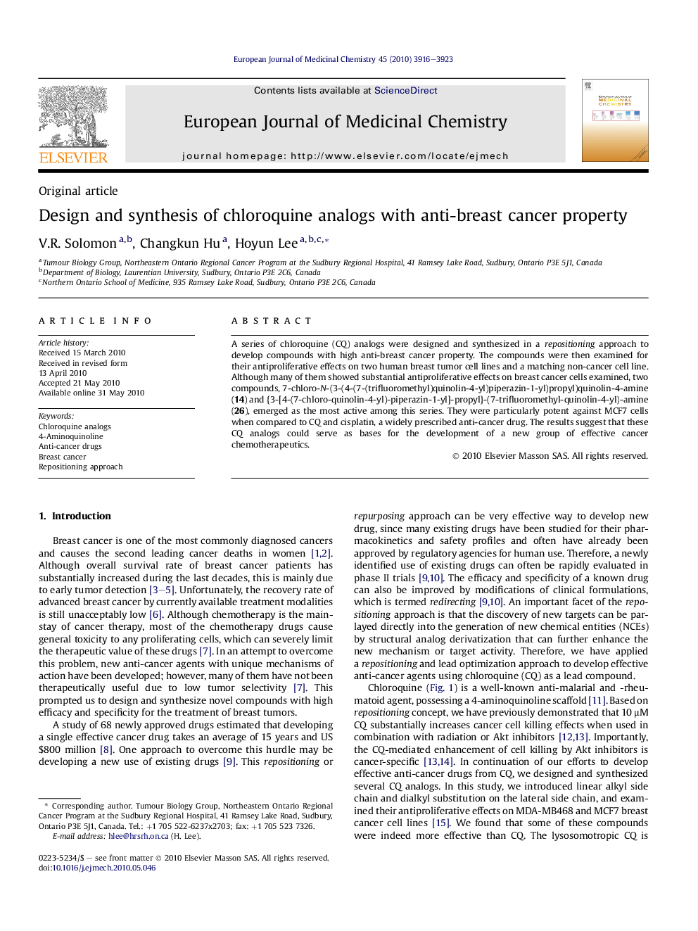 Design and synthesis of chloroquine analogs with anti-breast cancer property