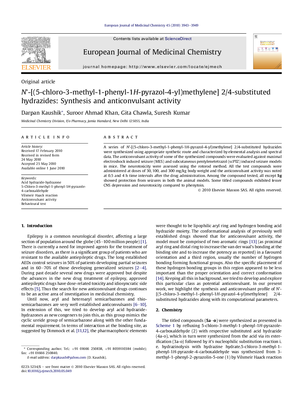 N’-[(5-chloro-3-methyl-1-phenyl-1H-pyrazol-4-yl)methylene] 2/4-substituted hydrazides: Synthesis and anticonvulsant activity