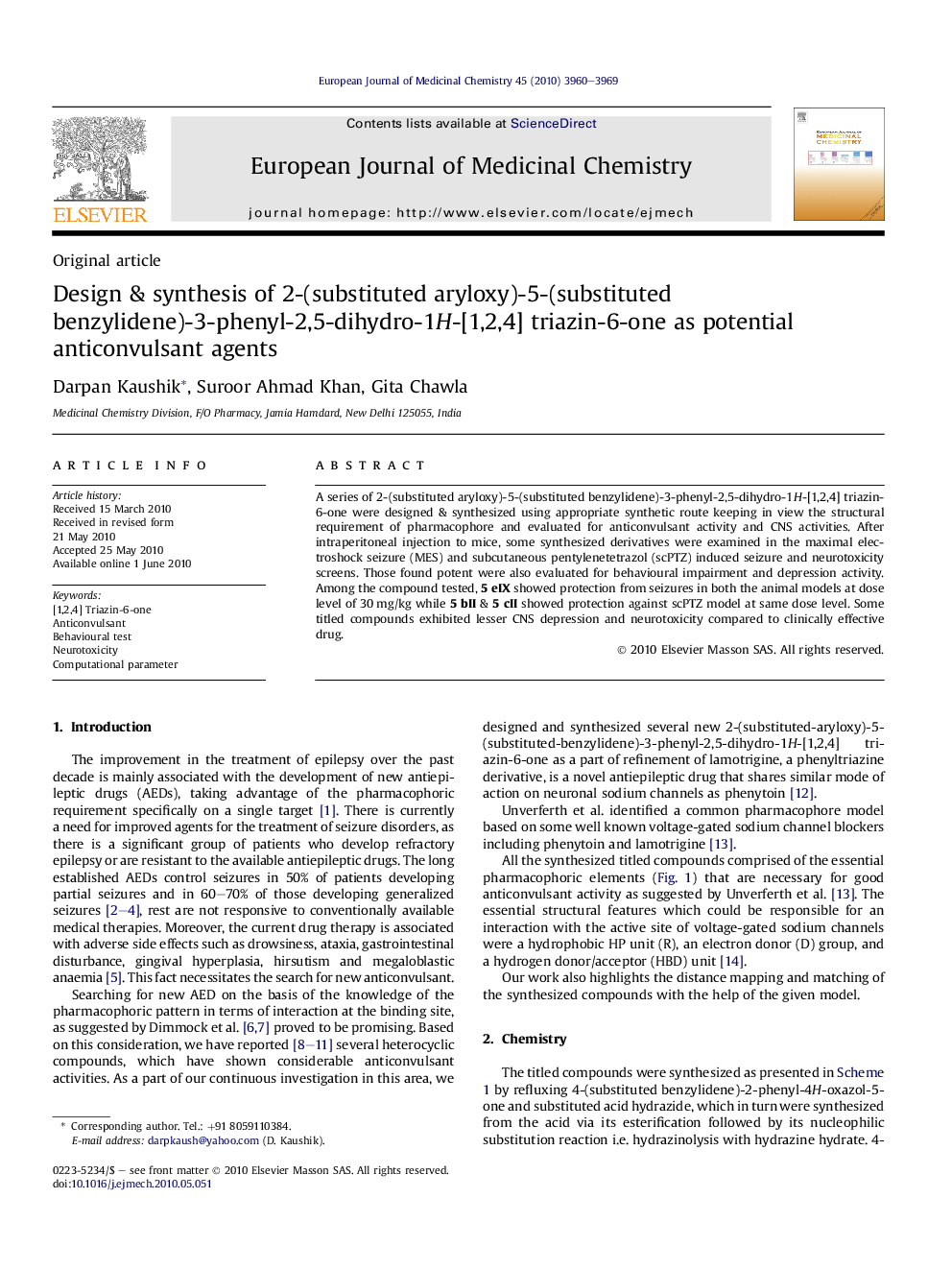 Design & synthesis of 2-(substituted aryloxy)-5-(substituted benzylidene)-3-phenyl-2,5-dihydro-1H-[1,2,4] triazin-6-one as potential anticonvulsant agents