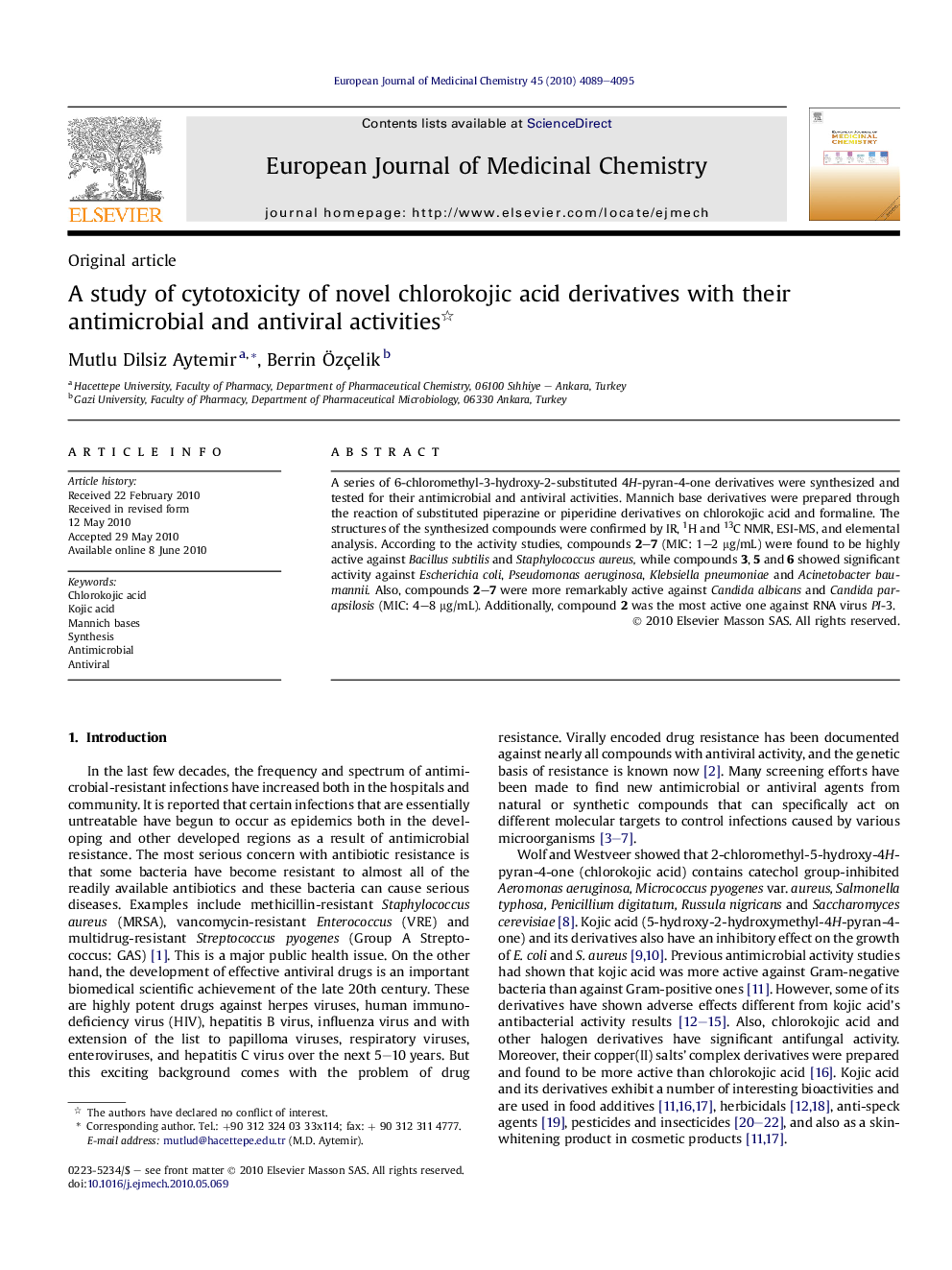 A study of cytotoxicity of novel chlorokojic acid derivatives with their antimicrobial and antiviral activities 