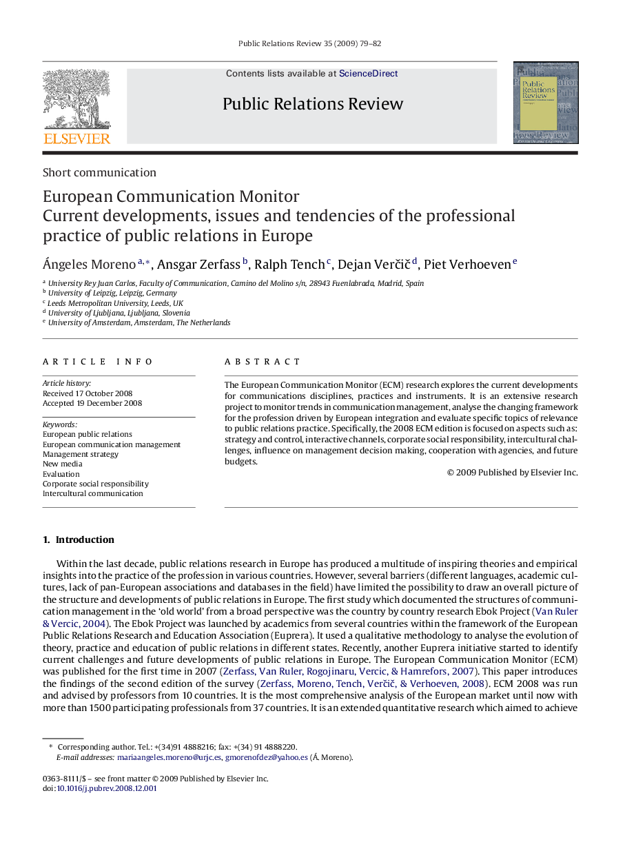 European Communication Monitor: Current developments, issues and tendencies of the professional practice of public relations in Europe