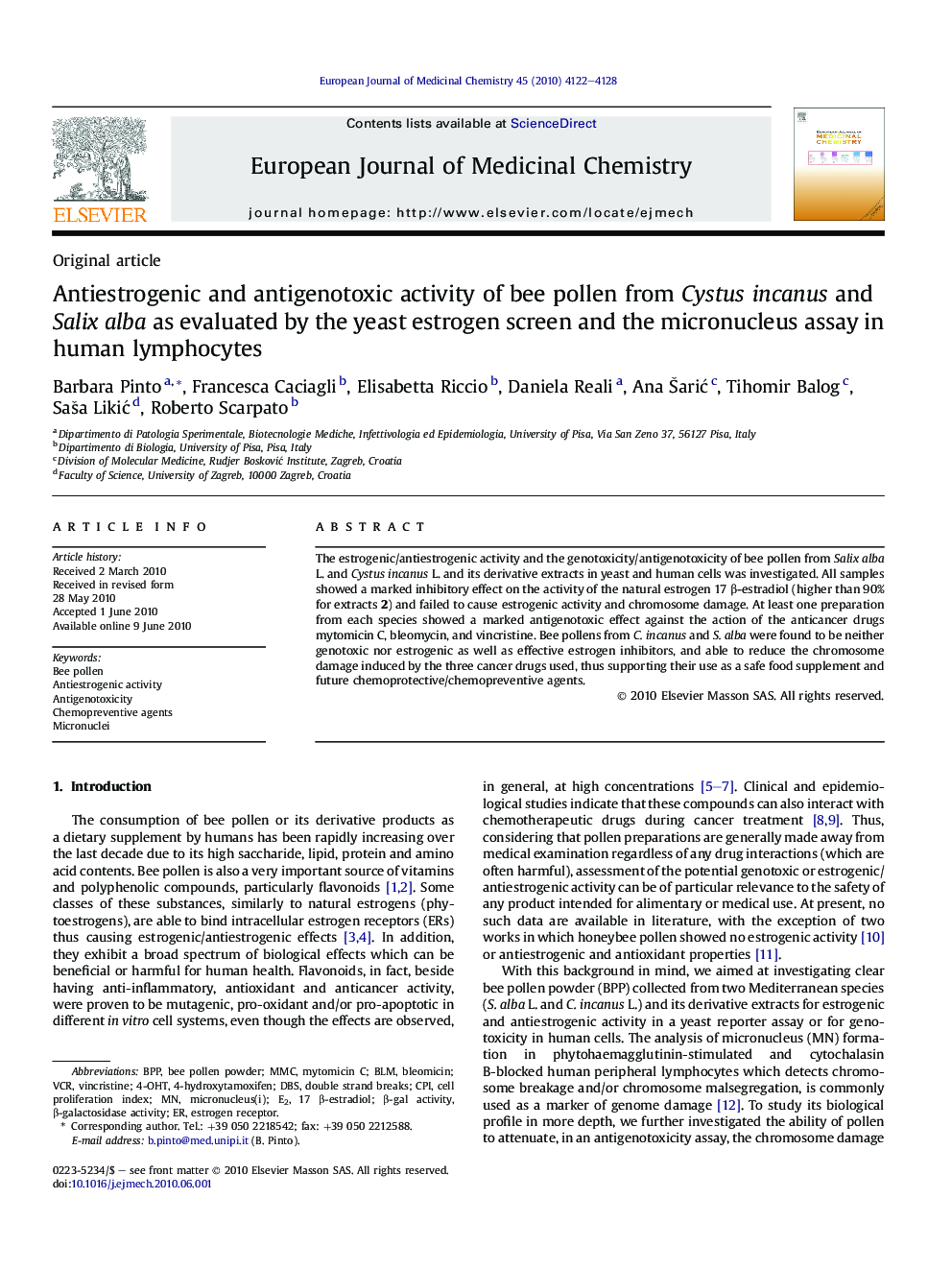 Antiestrogenic and antigenotoxic activity of bee pollen from Cystus incanus and Salix alba as evaluated by the yeast estrogen screen and the micronucleus assay in human lymphocytes