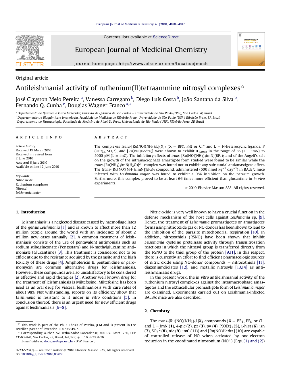 Antileishmanial activity of ruthenium(II)tetraammine nitrosyl complexes 