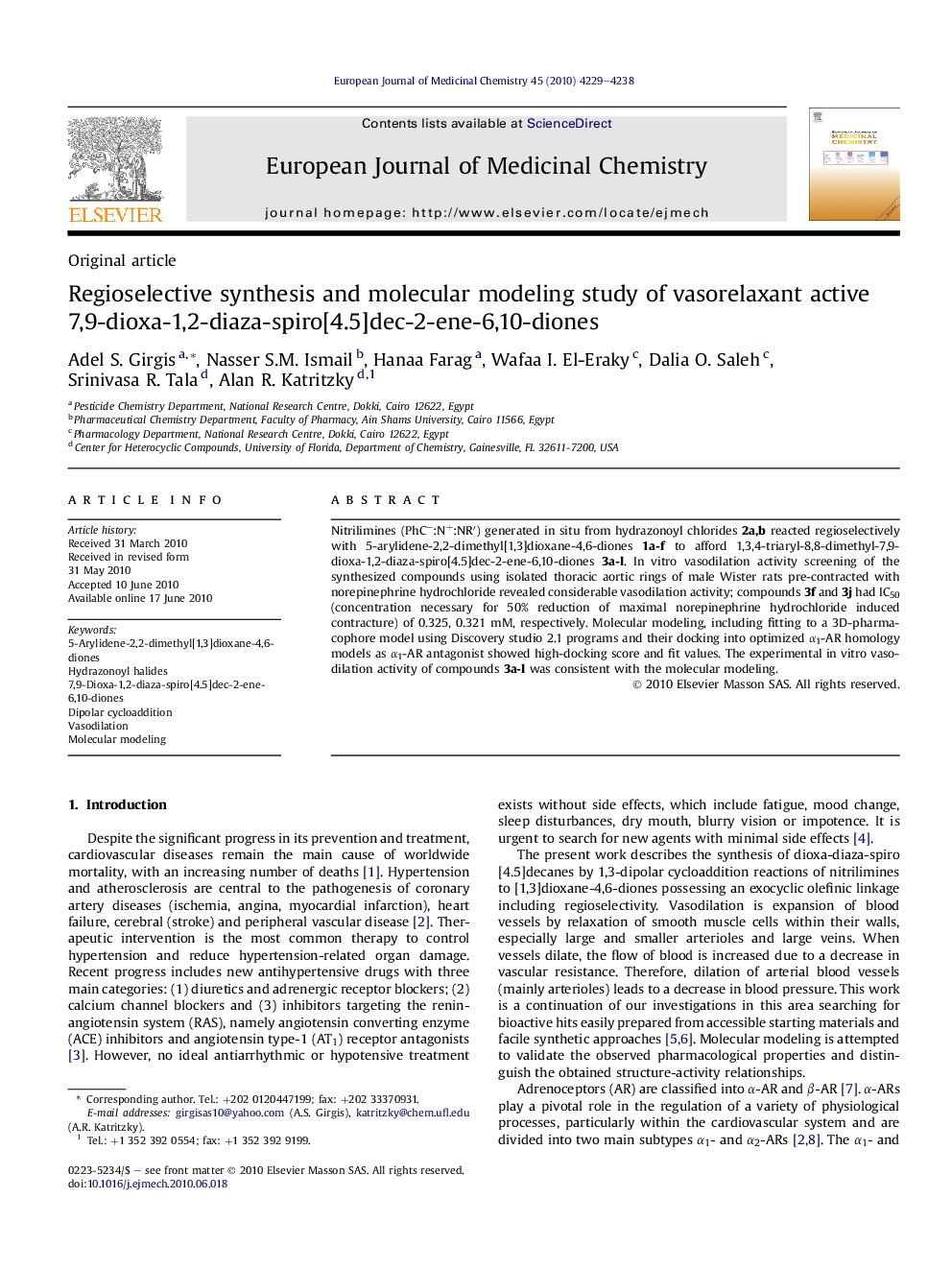 Regioselective synthesis and molecular modeling study of vasorelaxant active 7,9-dioxa-1,2-diaza-spiro[4.5]dec-2-ene-6,10-diones