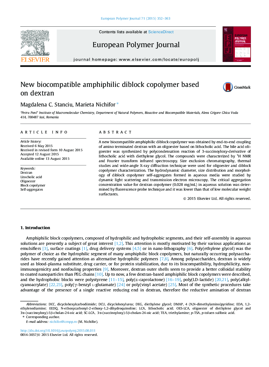 New biocompatible amphiphilic diblock copolymer based on dextran